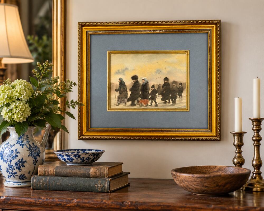 Original Watercolor Painting Russian Winter Procession Gilt Framed Folk Art